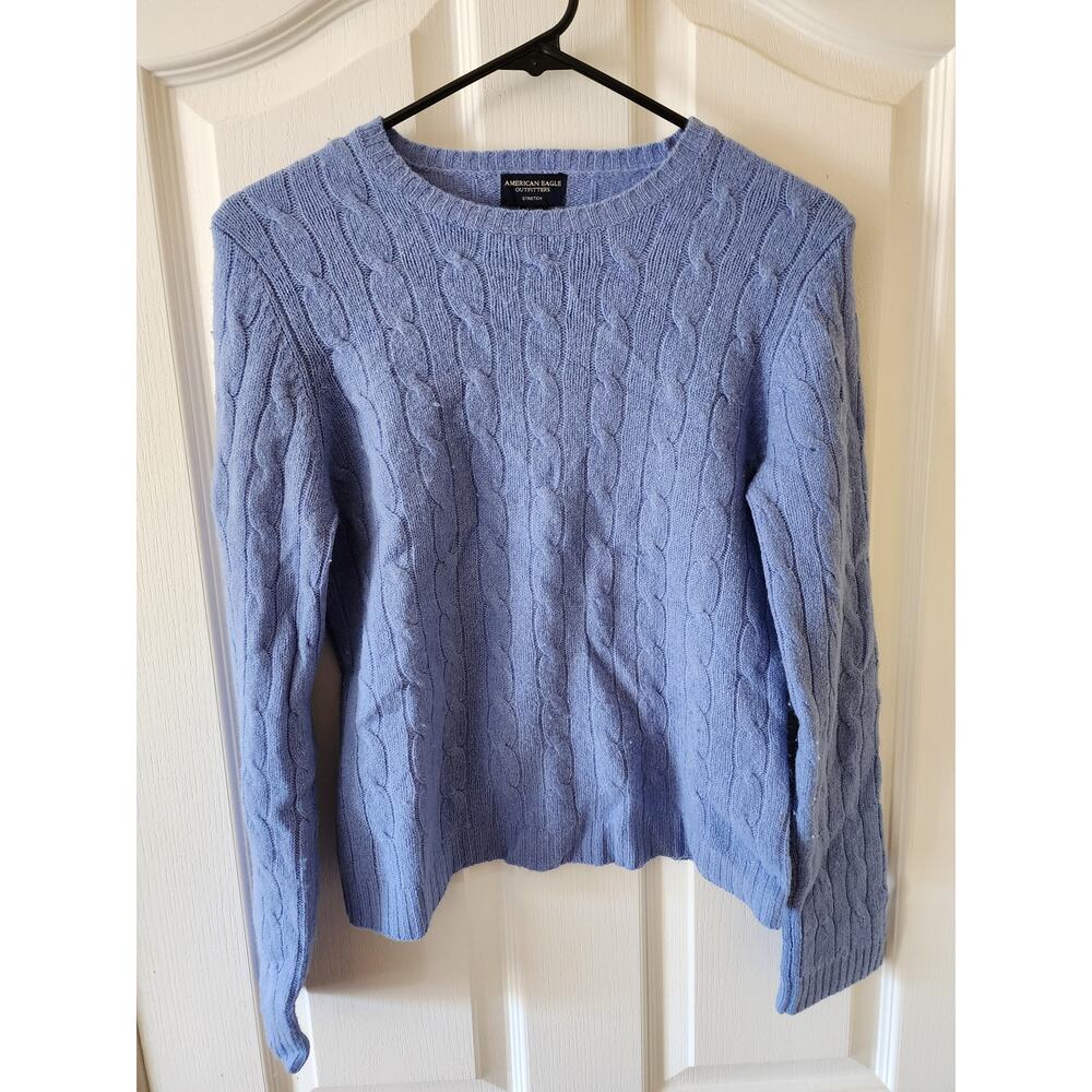 American Eagle Blue Cable Knit Sweater Lambswool Angora Blend Womens Medium - Picture 2 of 6